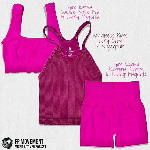 FP MOVEMENT SET GOOD KARMA BRA + RUN SHORTS + HAPPINESS RUNS LONG TANK MAGENTA - Picture 1 of 16